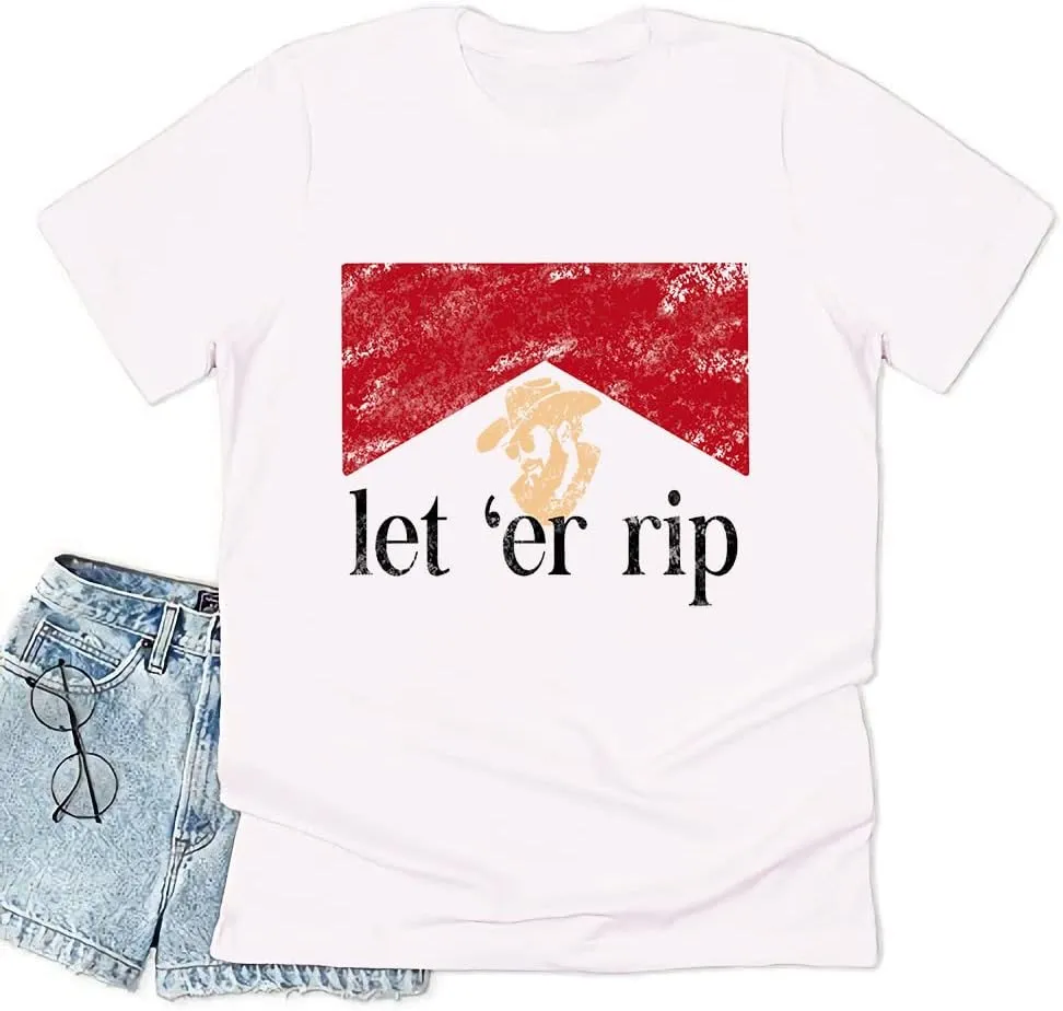 Let 'er Rip Cowboy Short Sleeve Country Music Women's T Shirt Letter Print Tees Vintage Graphic Top