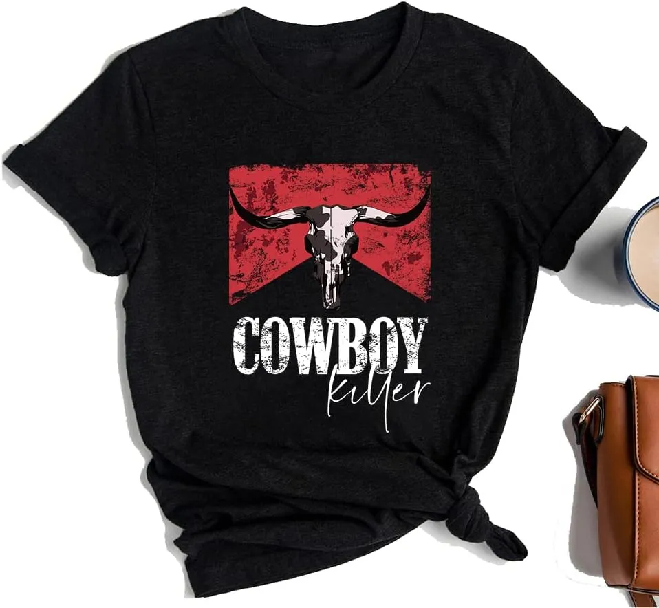 Let 'er Rip Cowboy Short Sleeve Country Music Women's T Shirt Letter Print Tees Vintage Graphic Top
