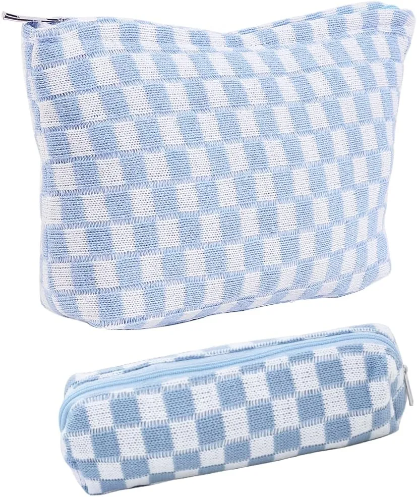 LETGO Checkered Makeup Bag for Purse Portable Zipper Make Up Pouch Small Cosmetic Case for Travel Accessories Travel Essentials for Women(Fresh Blue2)