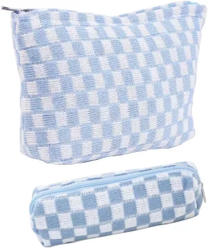 LETGO Checkered Makeup Bag for Purse Portable Zipper Make Up Pouch Small Cosmetic Case for Travel Accessories Travel Essentials for Women(Fresh Blue2)