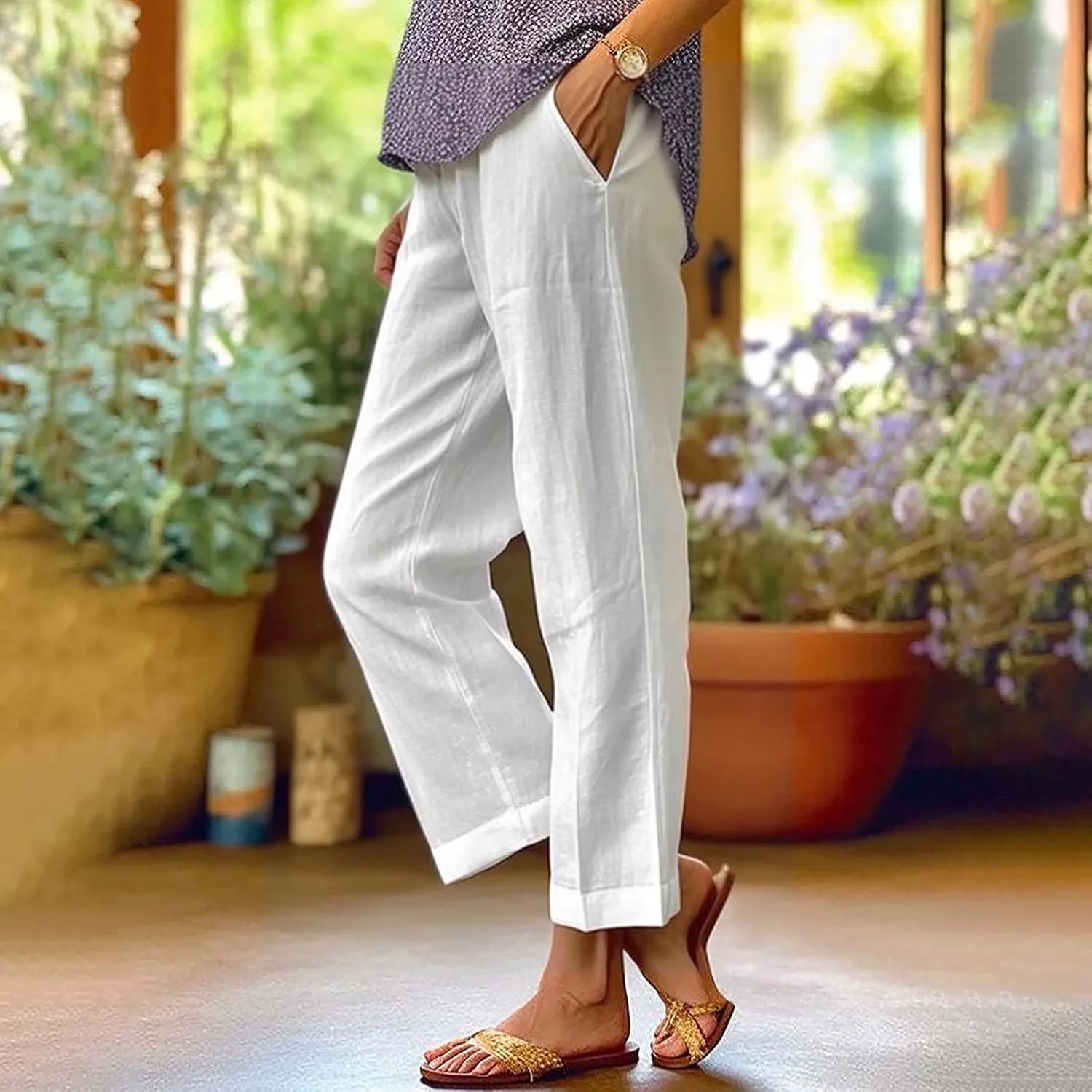 Linen Pants Straight Solid Elastic Pants Long Drawstring Linen Women Waist Cotton 2025 Beach Travel Vacation Outfits