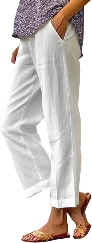 Linen Pants Straight Solid Elastic Pants Long Drawstring Linen Women Waist Cotton 2025 Beach Travel Vacation Outfits