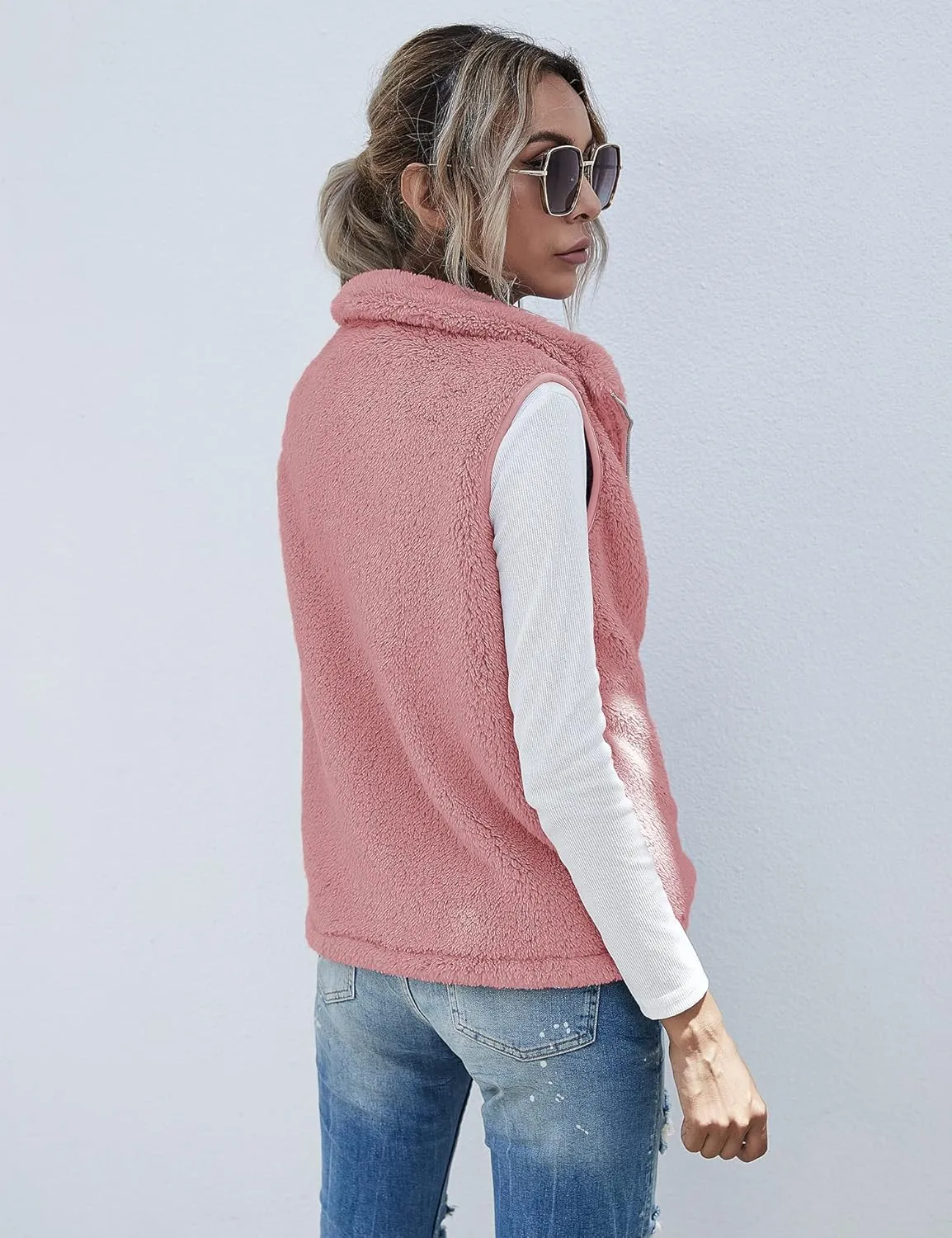 LOMON Womens Fuzzy Sherpa Fleece Jacket Lightweight Vest Cozy Sleeveless Cardigan Zipper Waistcoat Outerwear with Pocket