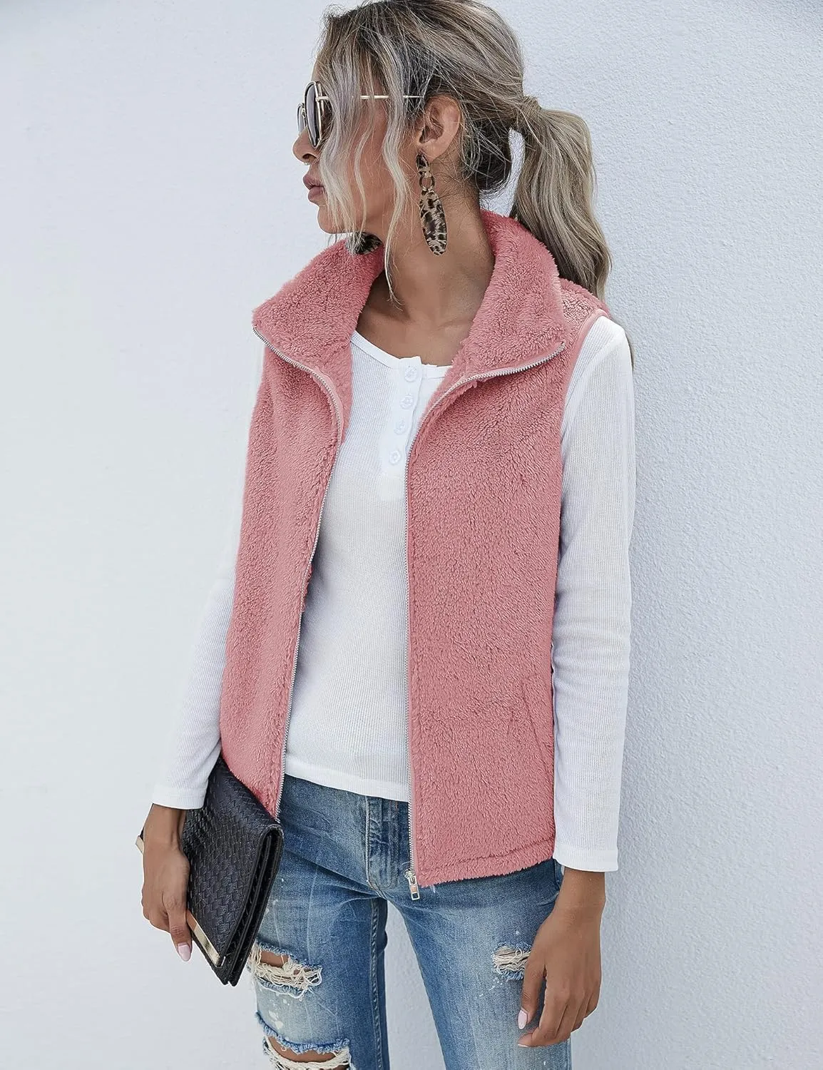 LOMON Womens Fuzzy Sherpa Fleece Jacket Lightweight Vest Cozy Sleeveless Cardigan Zipper Waistcoat Outerwear with Pocket