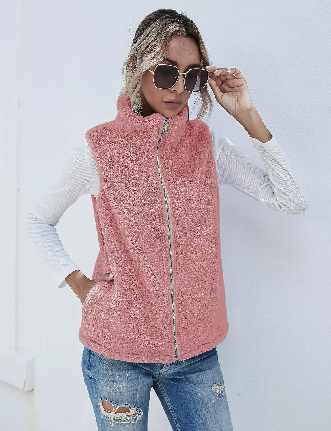 LOMON Womens Fuzzy Sherpa Fleece Jacket Lightweight Vest Cozy Sleeveless Cardigan Zipper Waistcoat Outerwear with Pocket