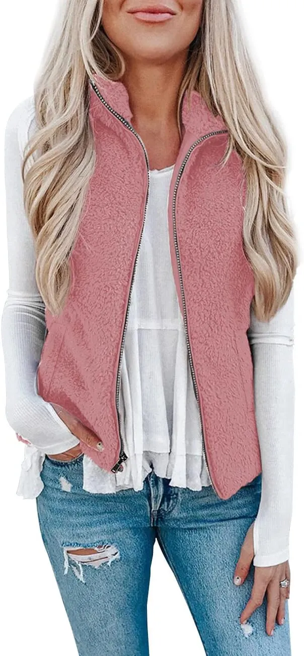 LOMON Womens Fuzzy Sherpa Fleece Jacket Lightweight Vest Cozy Sleeveless Cardigan Zipper Waistcoat Outerwear with Pocket