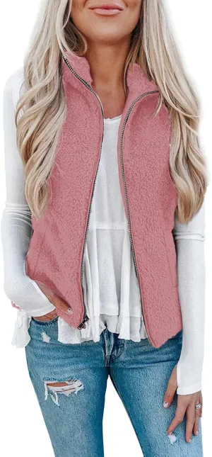 LOMON Womens Fuzzy Sherpa Fleece Jacket Lightweight Vest Cozy Sleeveless Cardigan Zipper Waistcoat Outerwear with Pocket