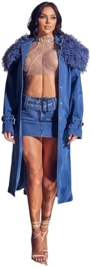 Long Denim Trench Coat with Faux Fur Collar, Blue, Full Length