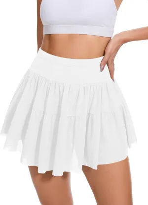 Loovoo Womens Pleated Ruffle Mini Skirt Flowy Lace High Waist Casual Skort Mesh Versatile Athletic Shorts with Pockets