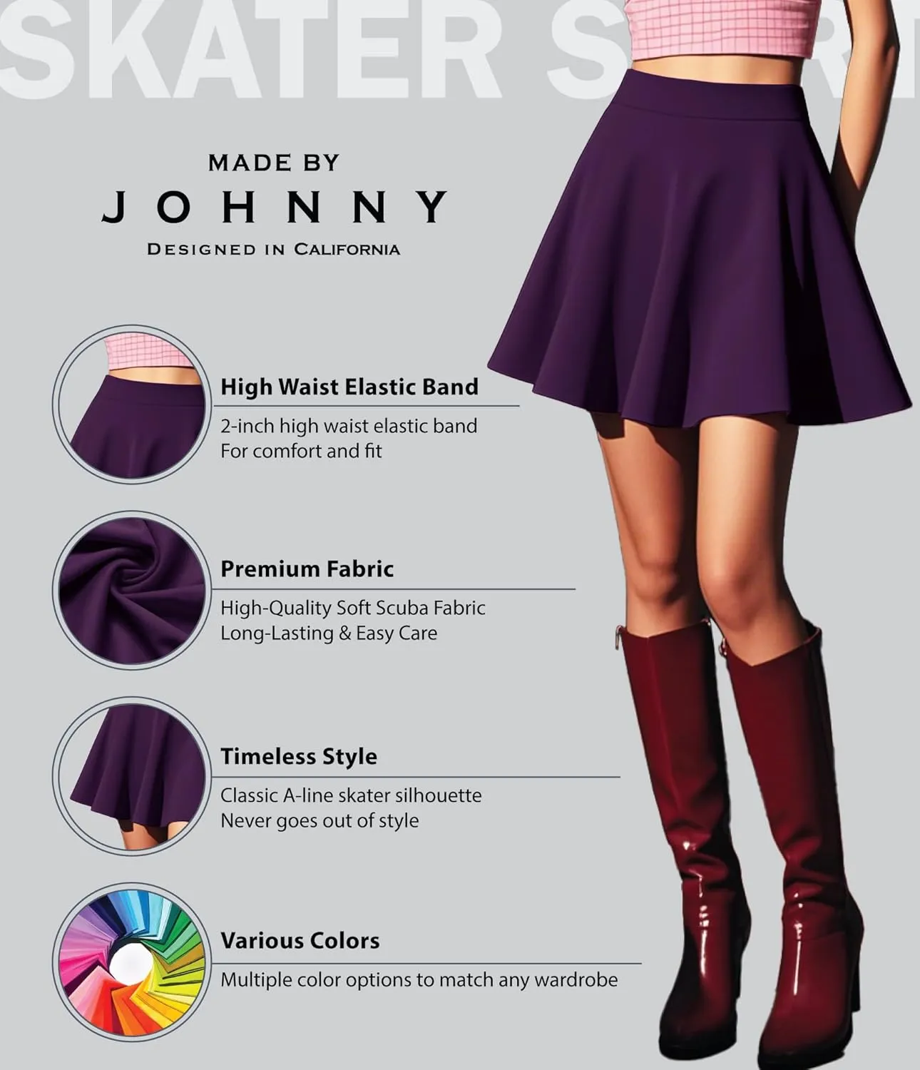 Made By Johnny Women's Basic Versatile Stretchy Flared Casual Mini Skater Skirt XS-3XL Plus Size
