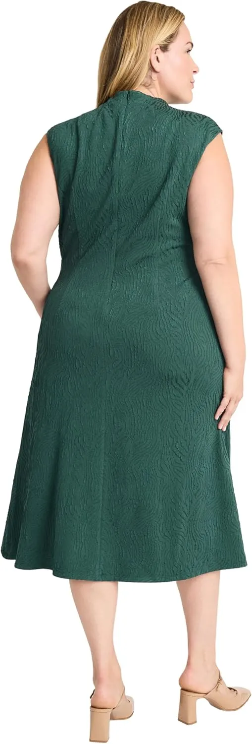 Maggy London Women's Elegant Midi Cap Sleeve High Neck Ruched Waist Flared Skirt-Versatile Cocktail Dress