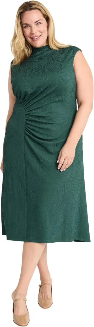 Maggy London Women's Elegant Midi Cap Sleeve High Neck Ruched Waist Flared Skirt-Versatile Cocktail Dress