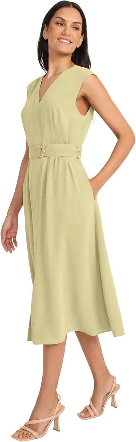 Maggy London Women's V Neck Cap Sleeve Midi Belt-Side Pockets and Back Zipper-Business Casual Work Dress