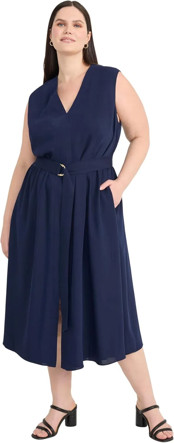 Maggy London Women's V Neck Cap Sleeve Midi Belt-Side Pockets and Back Zipper-Business Casual Work Dress