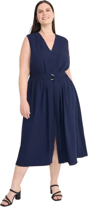 Maggy London Women's V Neck Cap Sleeve Midi Belt-Side Pockets and Back Zipper-Business Casual Work Dress