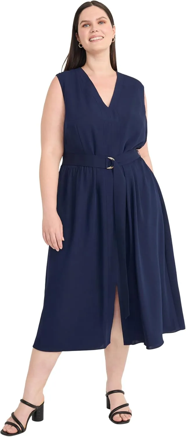 Maggy London Women's V Neck Cap Sleeve Midi Belt-Side Pockets and Back Zipper-Business Casual Work Dress