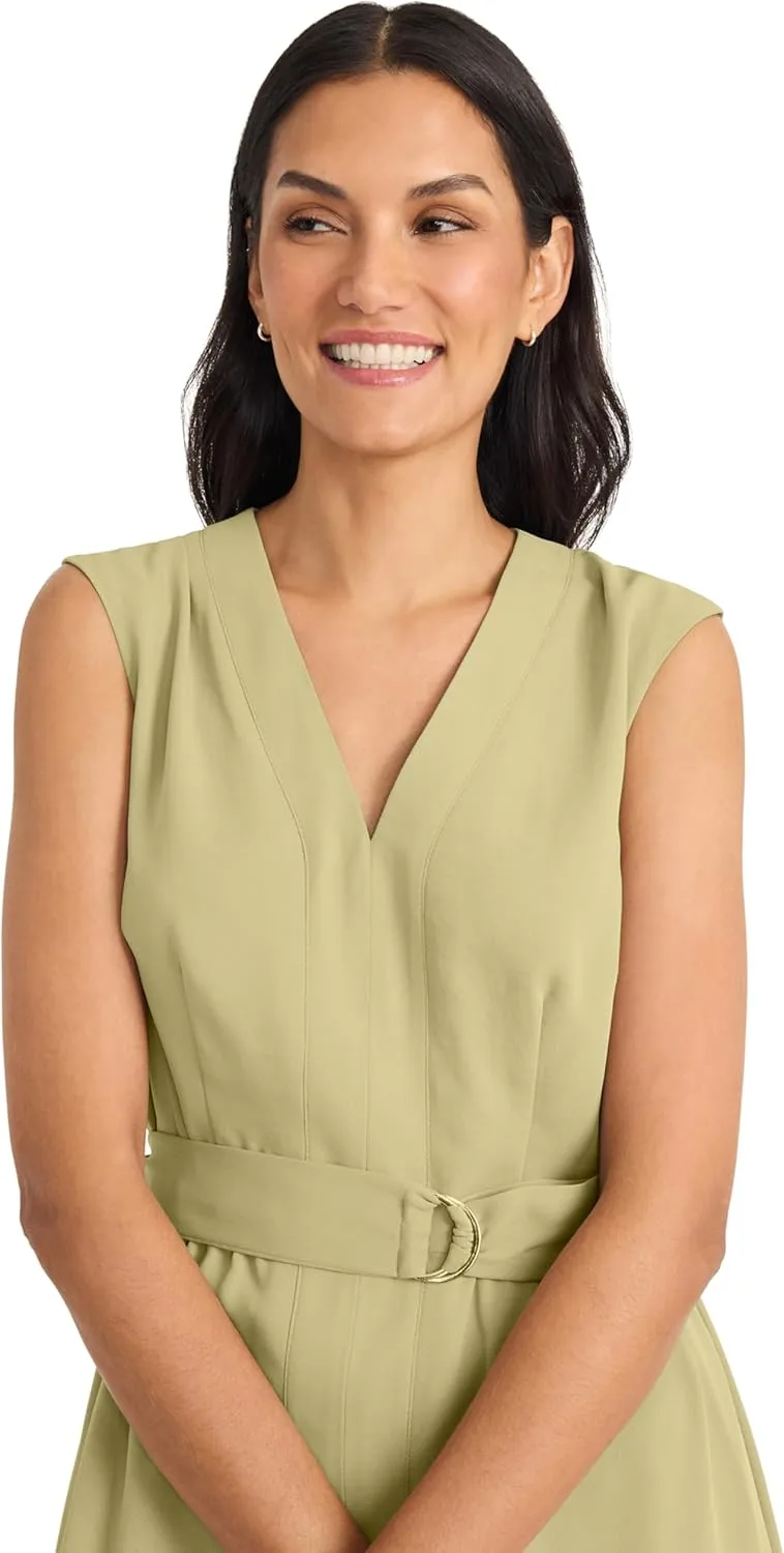 Maggy London Women's V Neck Cap Sleeve Midi Belt-Side Pockets and Back Zipper-Business Casual Work Dress