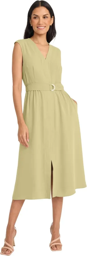 Maggy London Women's V Neck Cap Sleeve Midi Belt-Side Pockets and Back Zipper-Business Casual Work Dress
