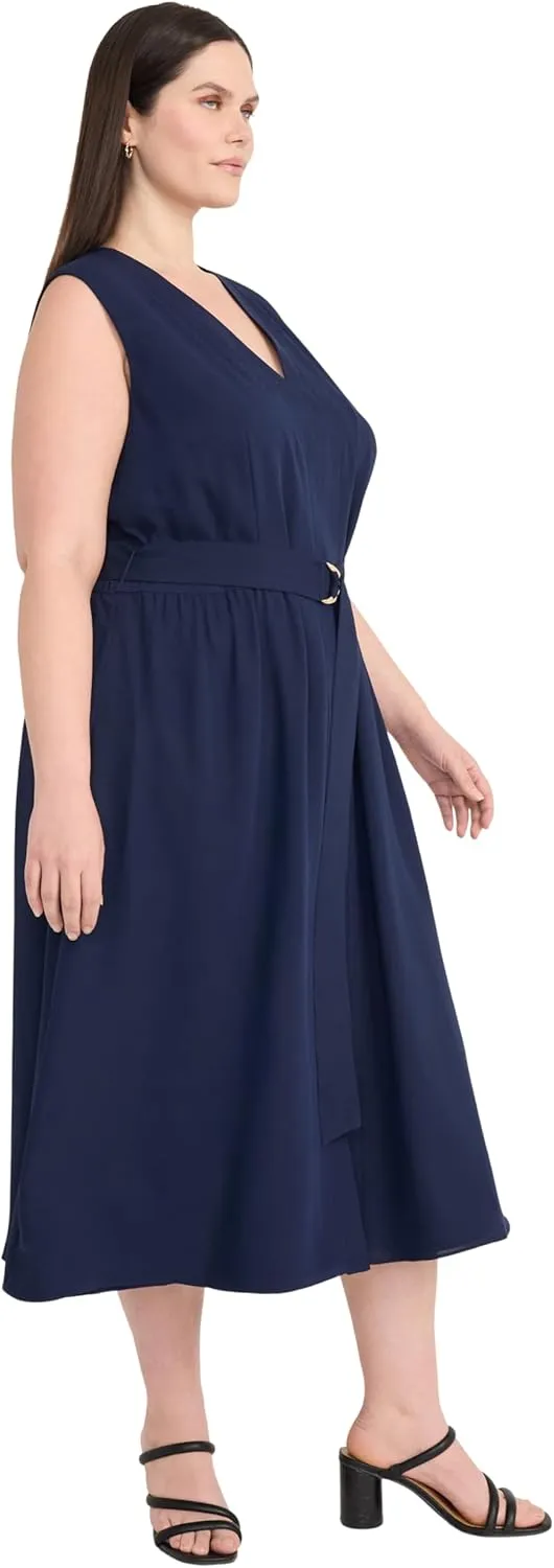 Maggy London Women's V Neck Cap Sleeve Midi Belt-Side Pockets and Back Zipper-Business Casual Work Dress