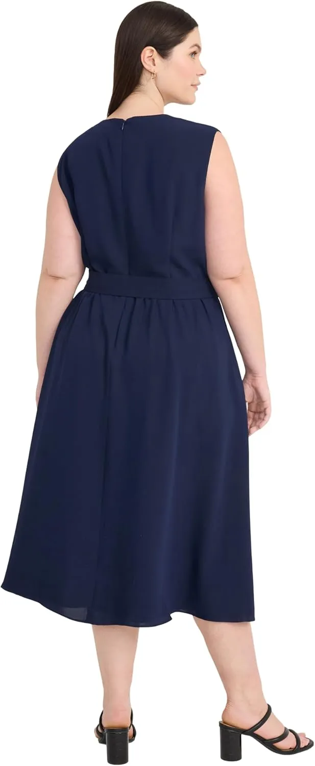 Maggy London Women's V Neck Cap Sleeve Midi Belt-Side Pockets and Back Zipper-Business Casual Work Dress