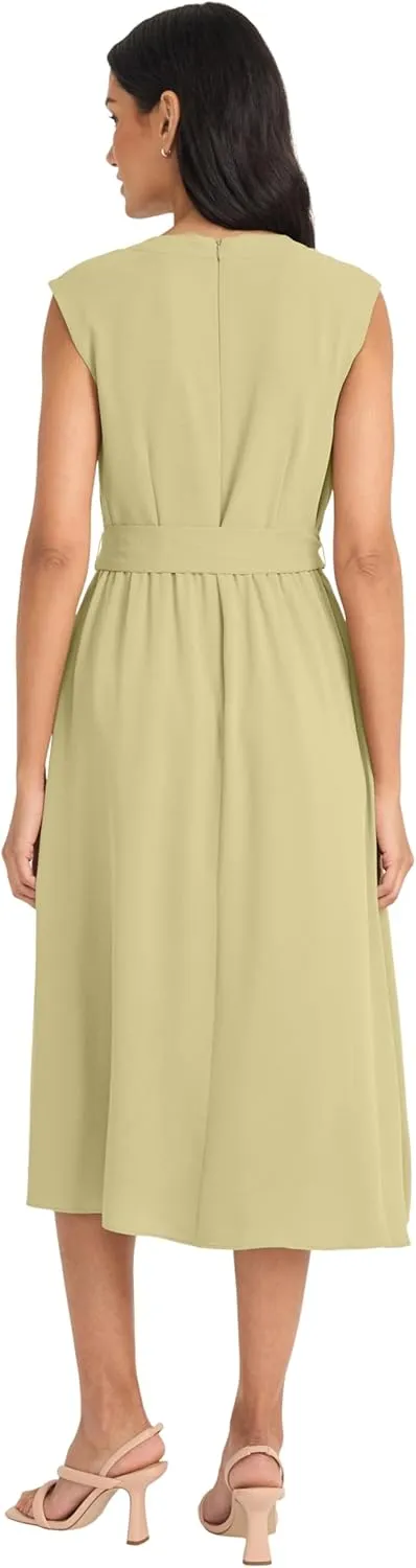 Maggy London Women's V Neck Cap Sleeve Midi Belt-Side Pockets and Back Zipper-Business Casual Work Dress