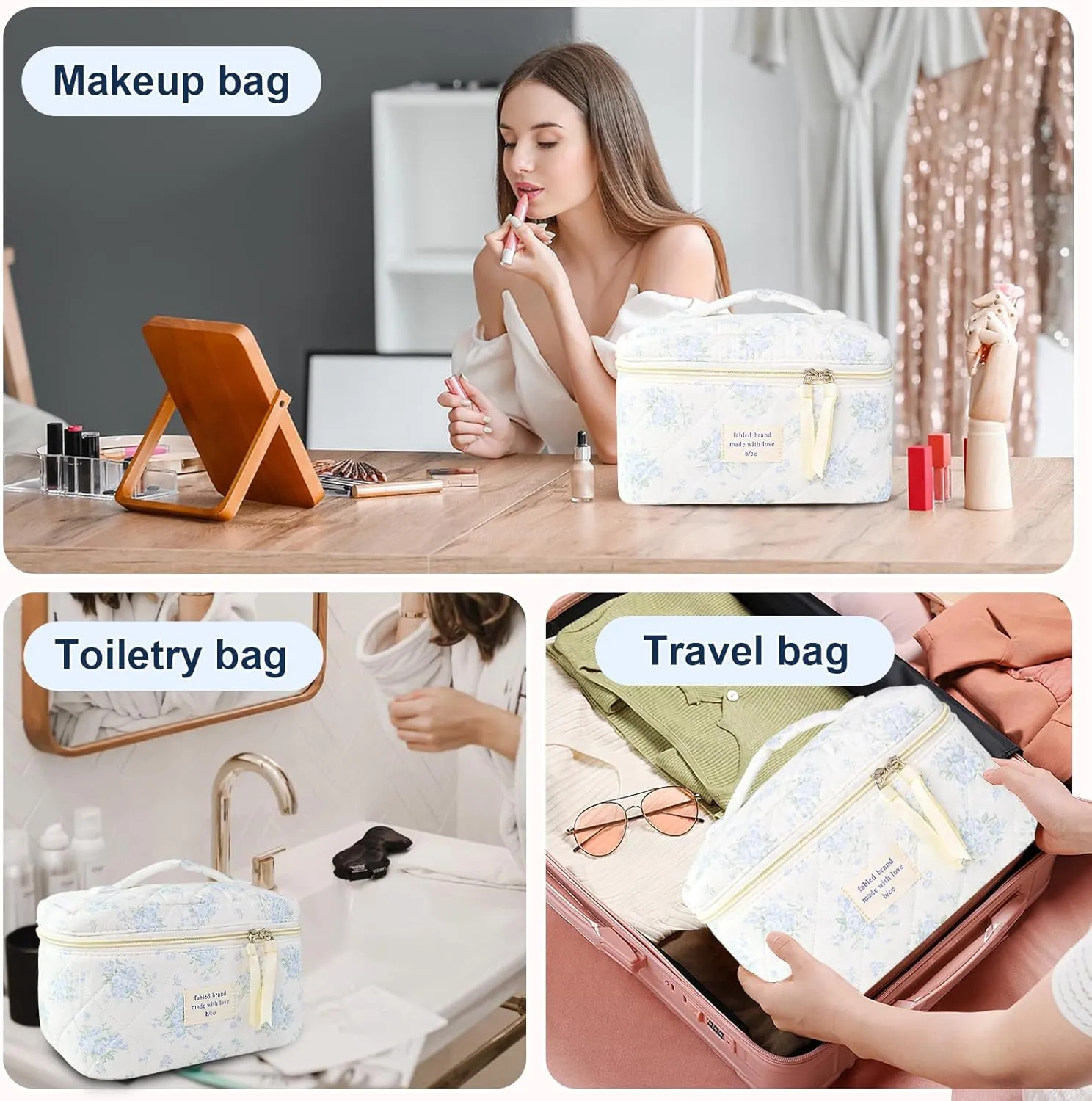 Makeup Bag, Floral Quilted Cosmetic Bag, Large Travel Aesthetic Make up Bag, Cute Coquette Toiletry Bag for Women Girls