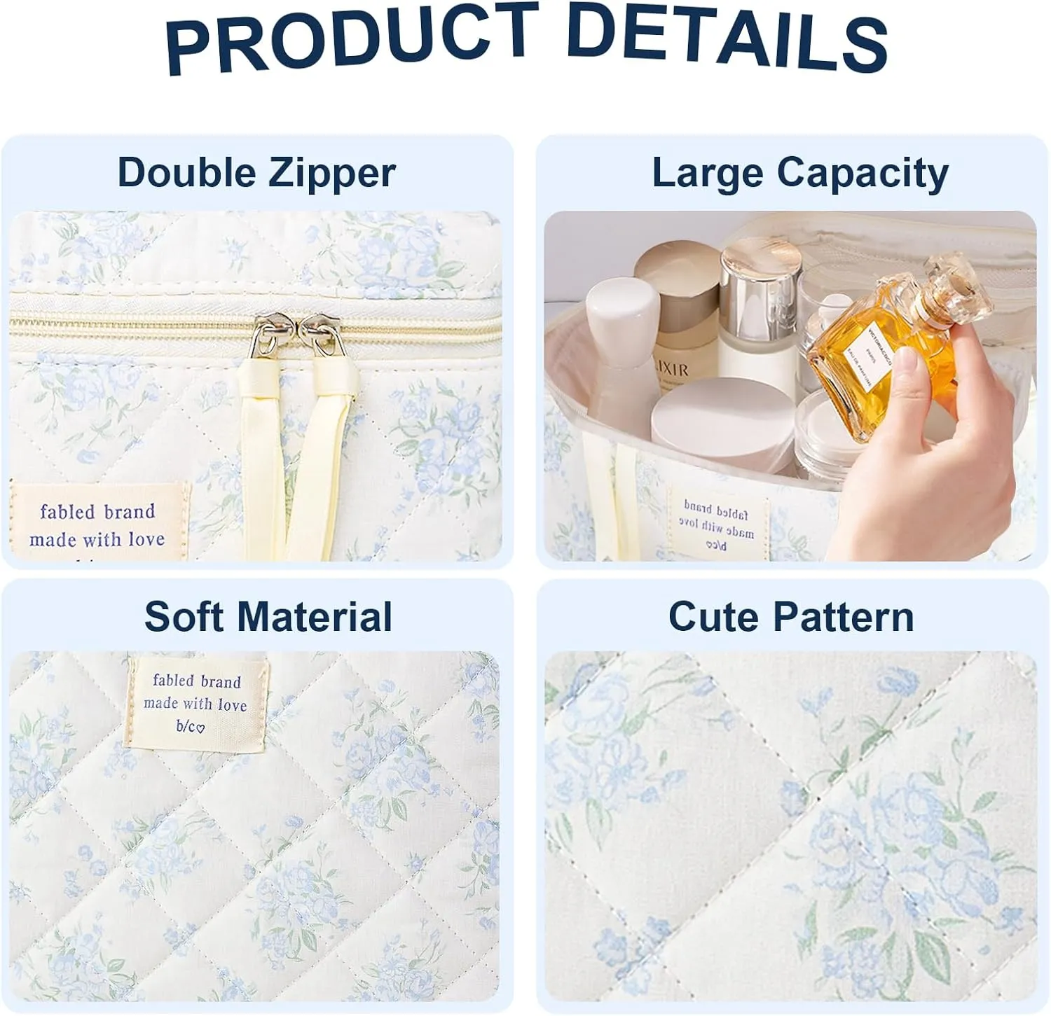 Makeup Bag, Floral Quilted Cosmetic Bag, Large Travel Aesthetic Make up Bag, Cute Coquette Toiletry Bag for Women Girls
