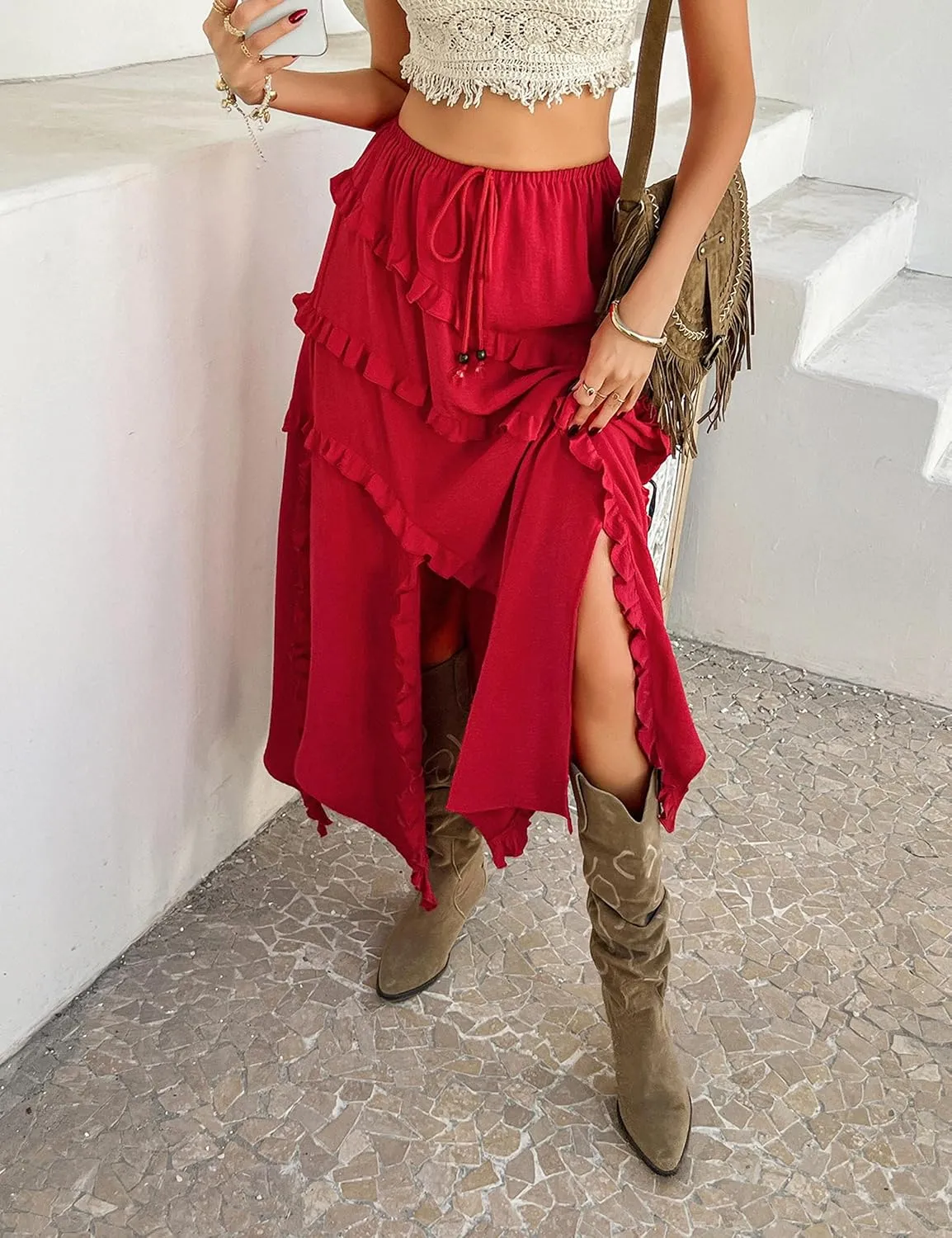 Mansy Women's Summer Maxi Skirt Boho Asymmetrical Ruffle Hem Elastic Waisted Long Maxi Skirt for Women