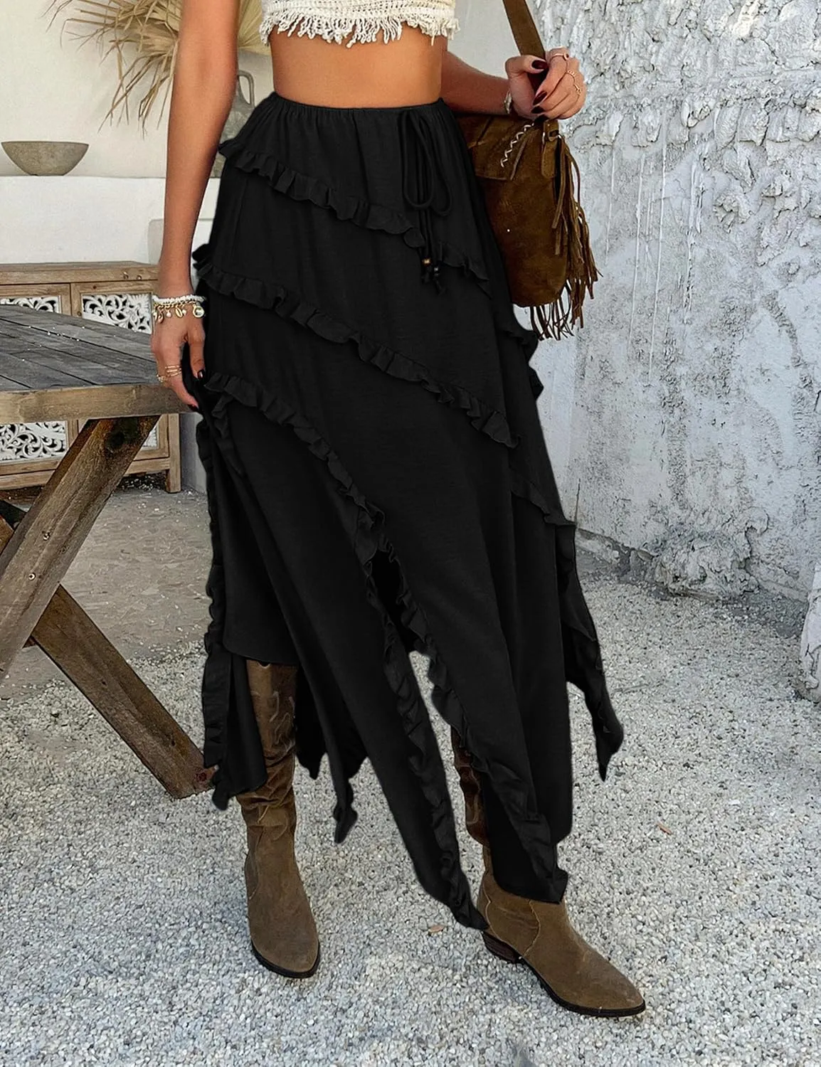 Mansy Women's Summer Maxi Skirt Boho Asymmetrical Ruffle Hem Elastic Waisted Long Maxi Skirt for Women
