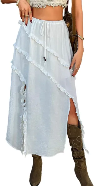 Mansy Women's Summer Maxi Skirt Boho Asymmetrical Ruffle Hem Elastic Waisted Long Maxi Skirt for Women