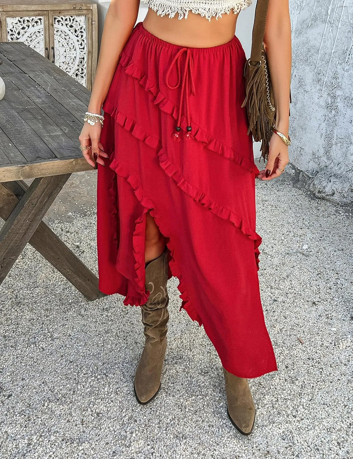 Mansy Women's Summer Maxi Skirt Boho Asymmetrical Ruffle Hem Elastic Waisted Long Maxi Skirt for Women
