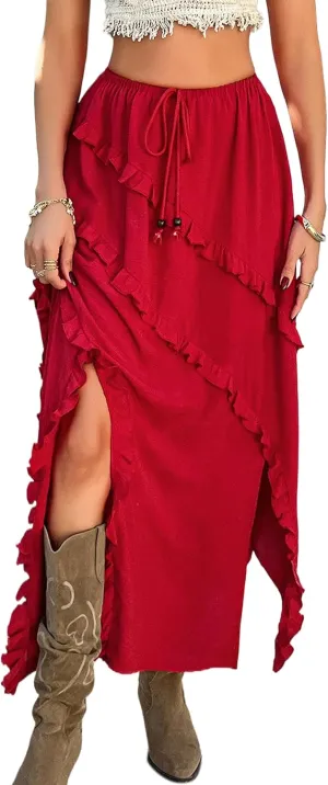 Mansy Women's Summer Maxi Skirt Boho Asymmetrical Ruffle Hem Elastic Waisted Long Maxi Skirt for Women