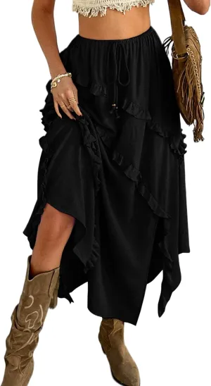 Mansy Women's Summer Maxi Skirt Boho Asymmetrical Ruffle Hem Elastic Waisted Long Maxi Skirt for Women