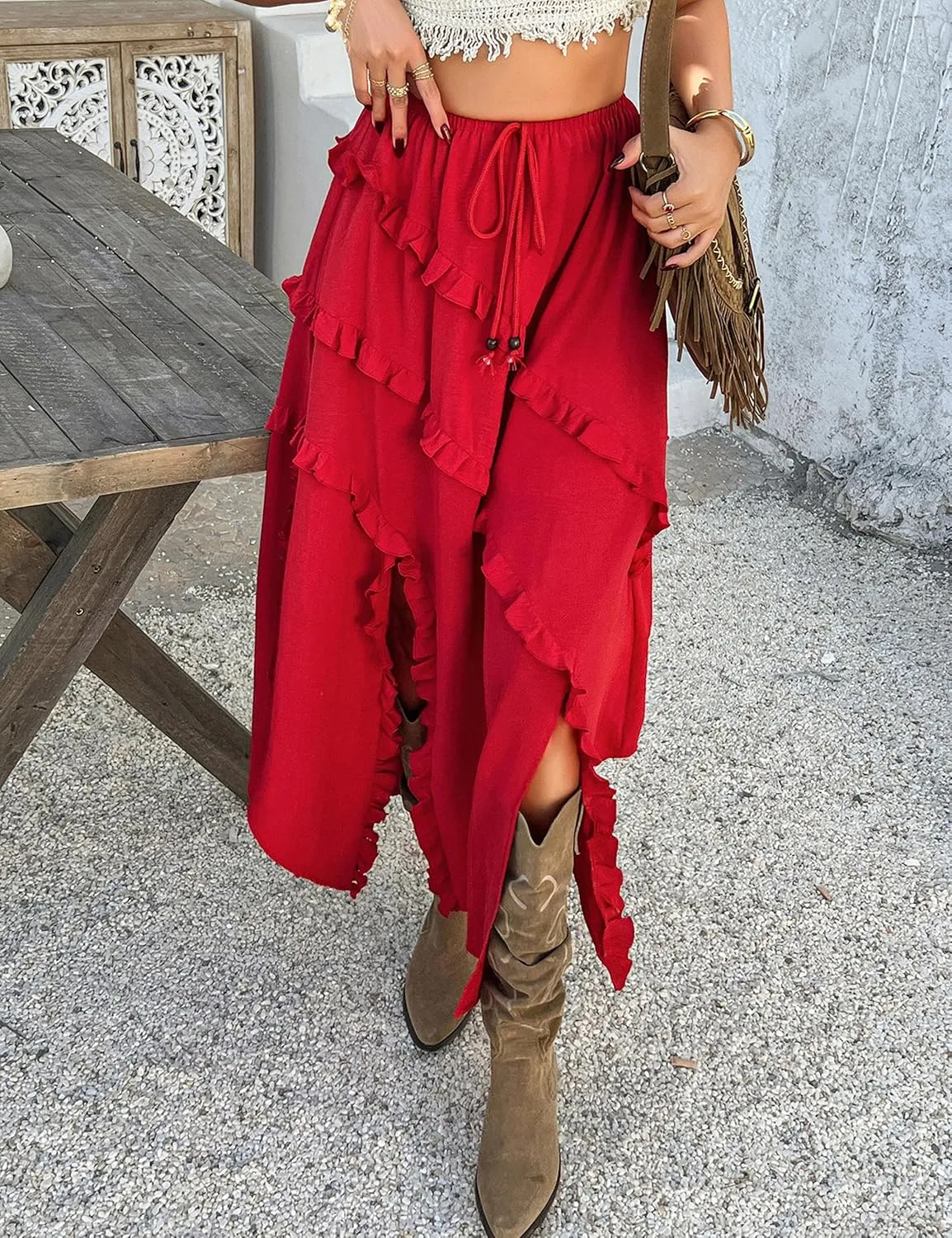 Mansy Women's Summer Maxi Skirt Boho Asymmetrical Ruffle Hem Elastic Waisted Long Maxi Skirt for Women