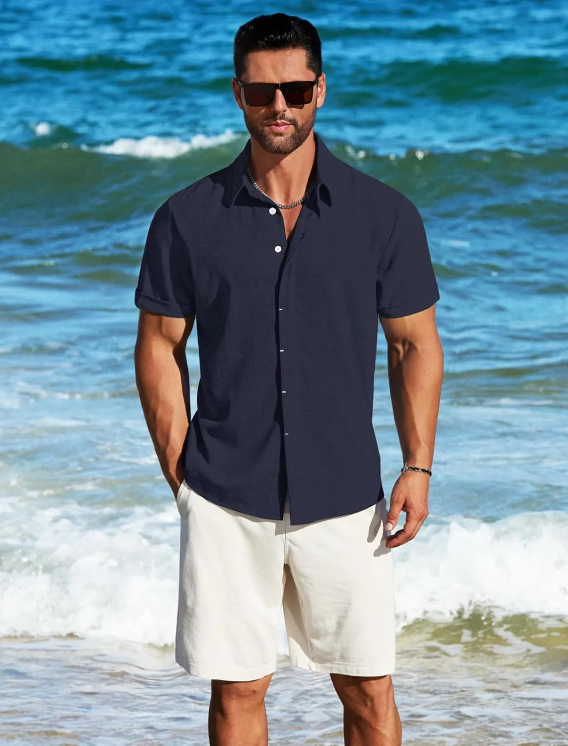 MAPICK Men's Linen Shirts Short Sleeve Button Down Casual Shirt Business Dress Clothing Beach Fashion Summer Tops