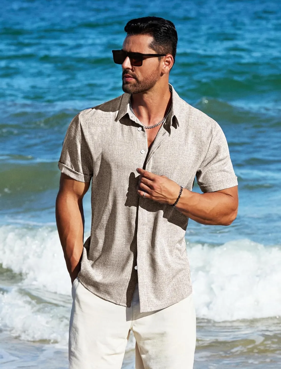 MAPICK Men's Linen Shirts Short Sleeve Button Down Casual Shirt Business Dress Clothing Beach Fashion Summer Tops