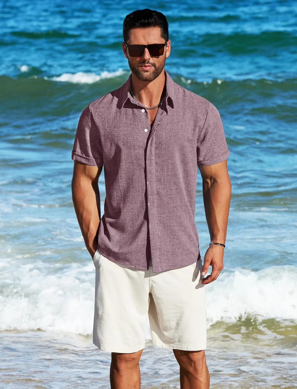 MAPICK Men's Linen Shirts Short Sleeve Button Down Casual Shirt Business Dress Clothing Beach Fashion Summer Tops