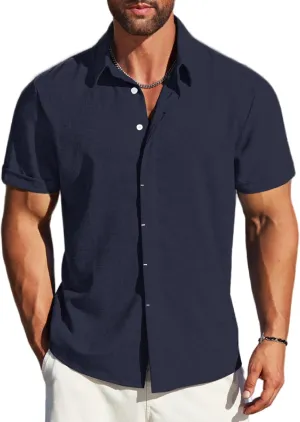 MAPICK Men's Linen Shirts Short Sleeve Button Down Casual Shirt Business Dress Clothing Beach Fashion Summer Tops