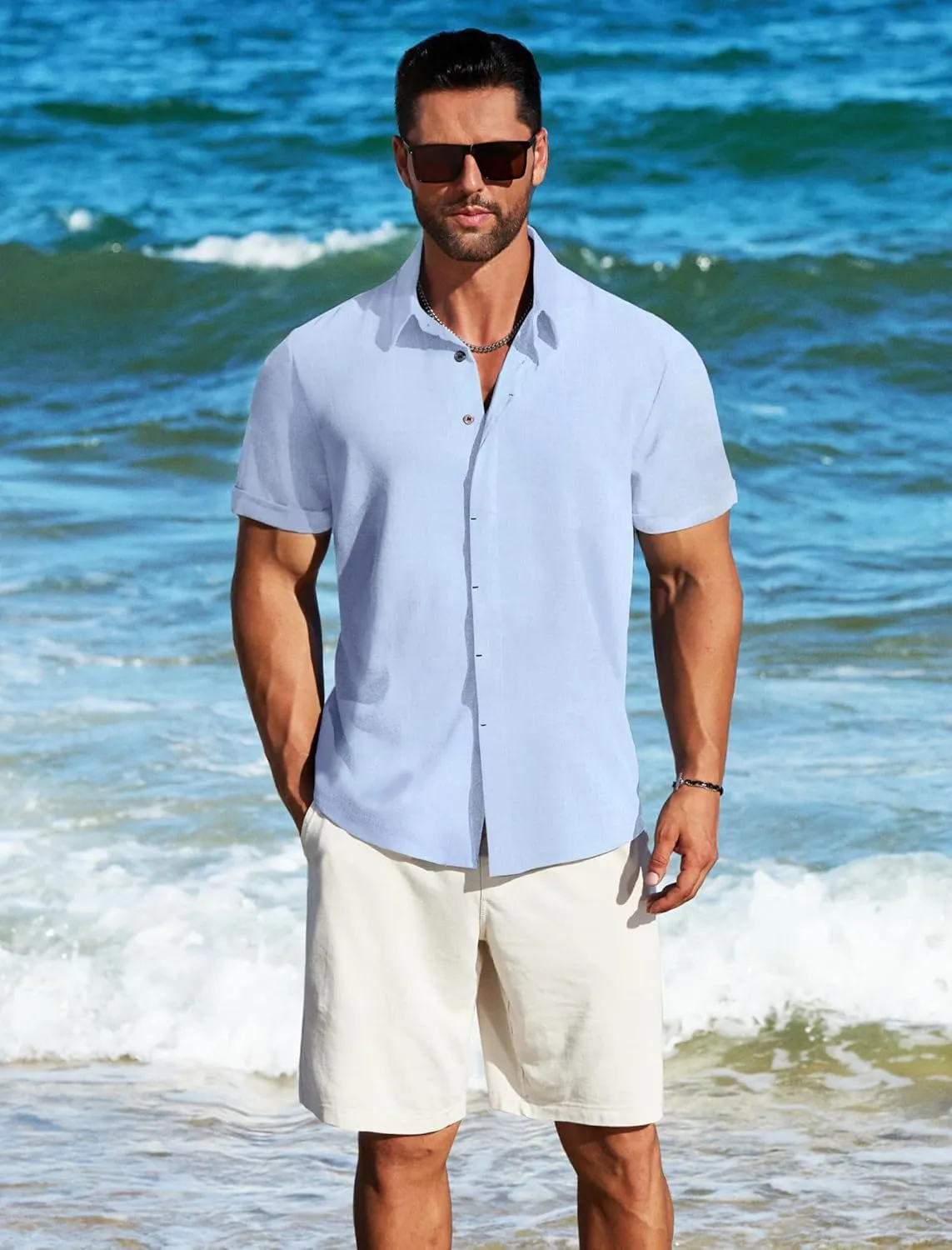 MAPICK Men's Linen Shirts Short Sleeve Button Down Casual Shirt Business Dress Clothing Beach Fashion Summer Tops