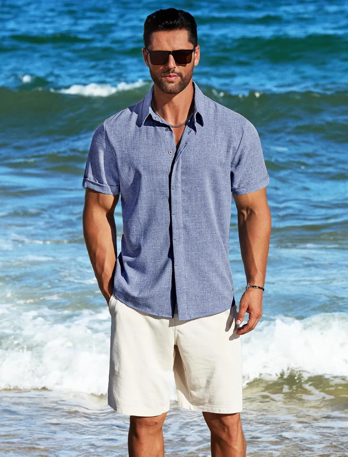 MAPICK Men's Linen Shirts Short Sleeve Button Down Casual Shirt Business Dress Clothing Beach Fashion Summer Tops
