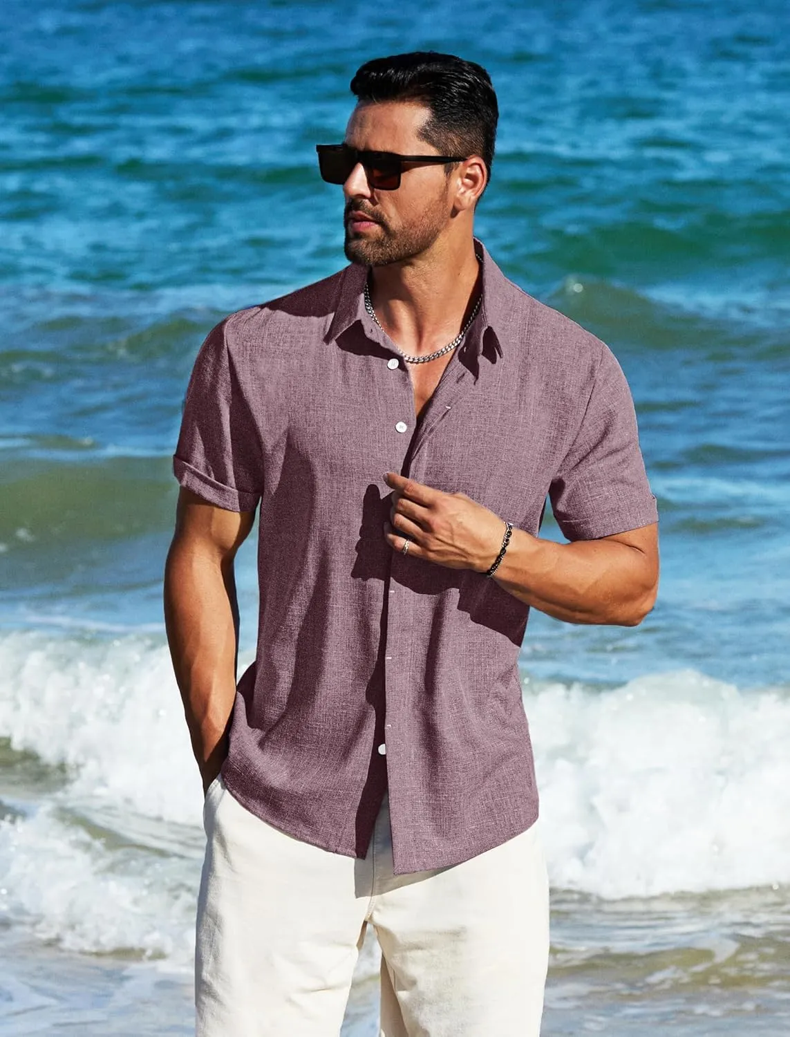 MAPICK Men's Linen Shirts Short Sleeve Button Down Casual Shirt Business Dress Clothing Beach Fashion Summer Tops