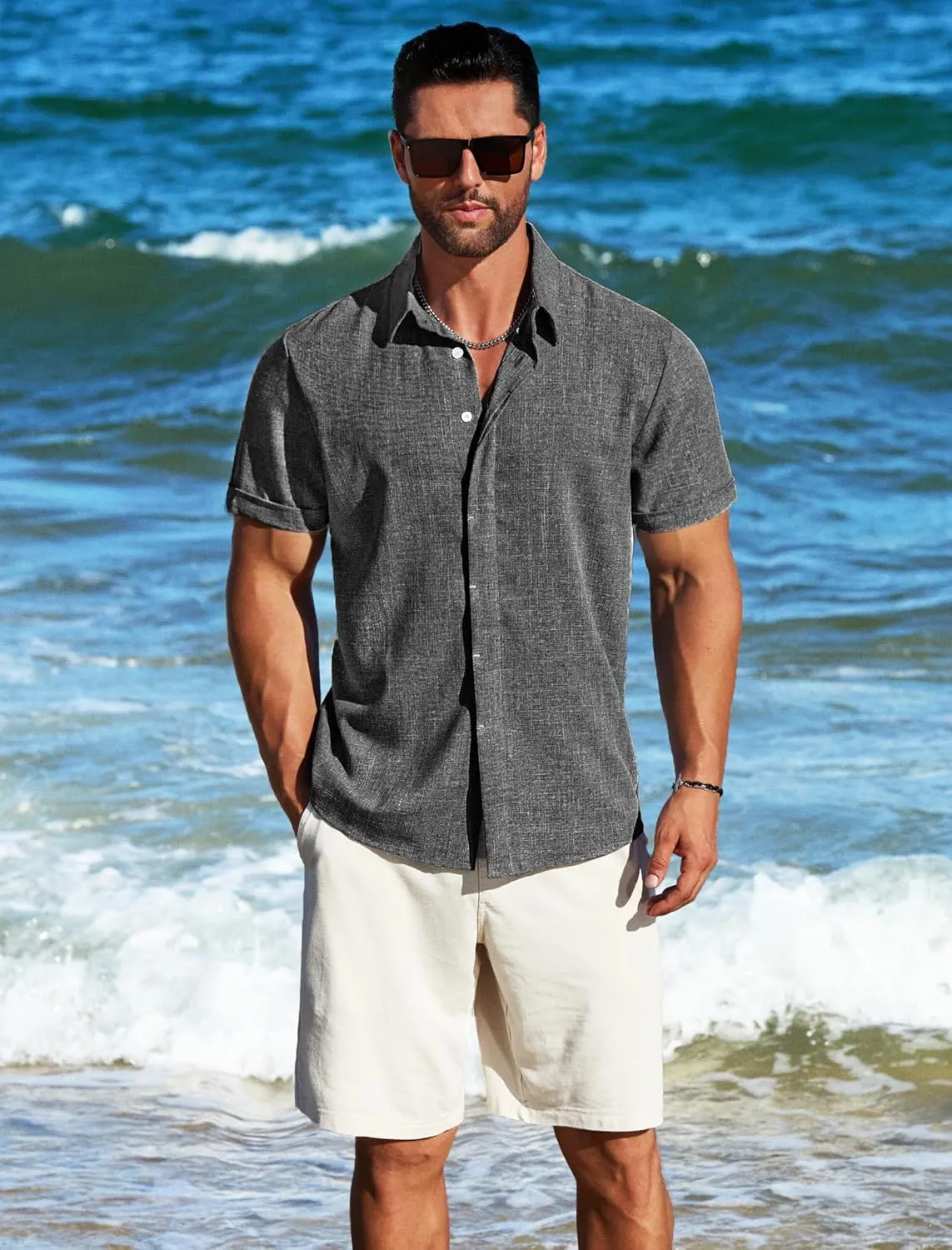 MAPICK Men's Linen Shirts Short Sleeve Button Down Casual Shirt Business Dress Clothing Beach Fashion Summer Tops