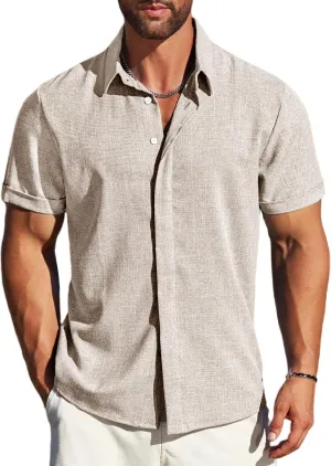 MAPICK Men's Linen Shirts Short Sleeve Button Down Casual Shirt Business Dress Clothing Beach Fashion Summer Tops
