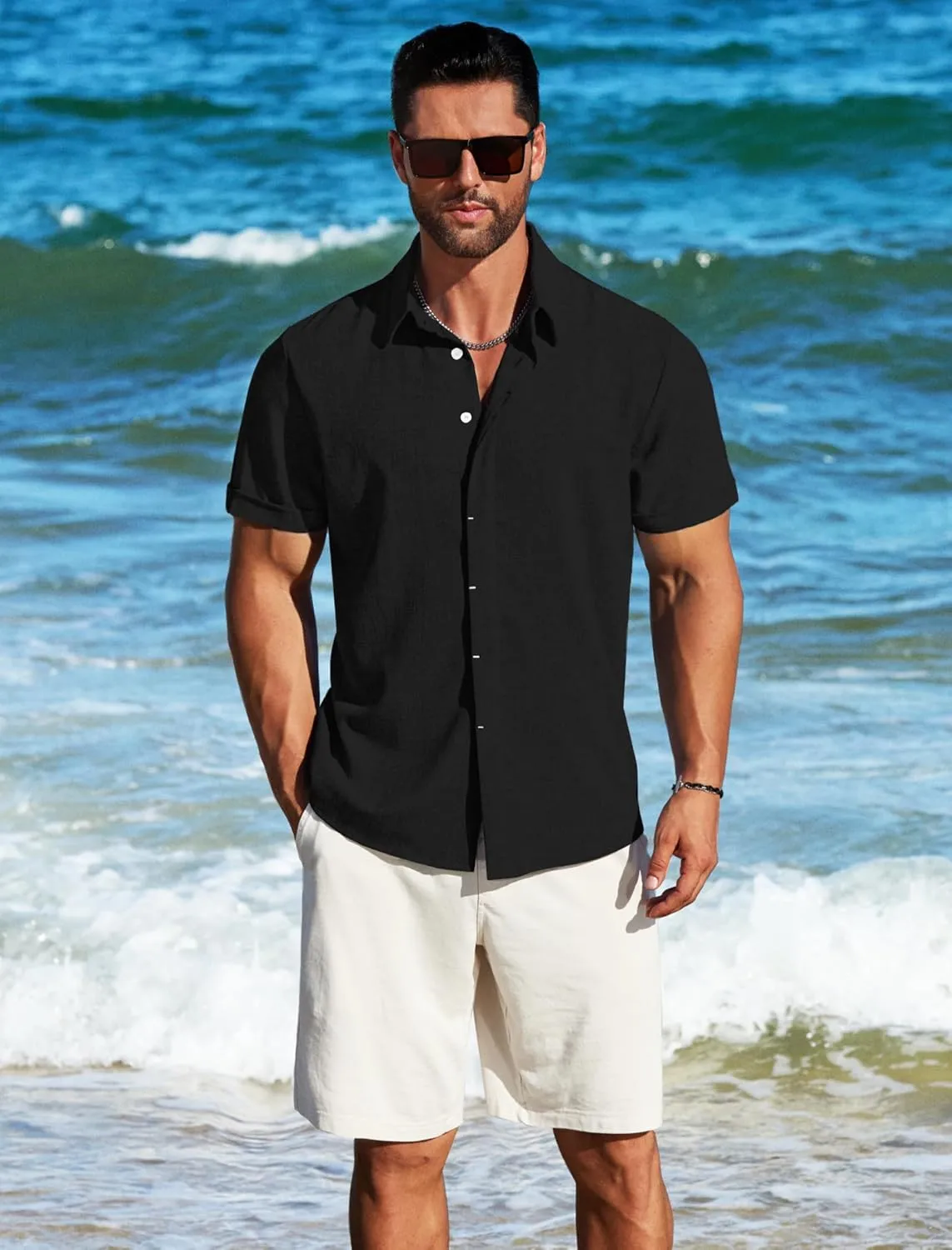MAPICK Men's Linen Shirts Short Sleeve Button Down Casual Shirt Business Dress Clothing Beach Fashion Summer Tops