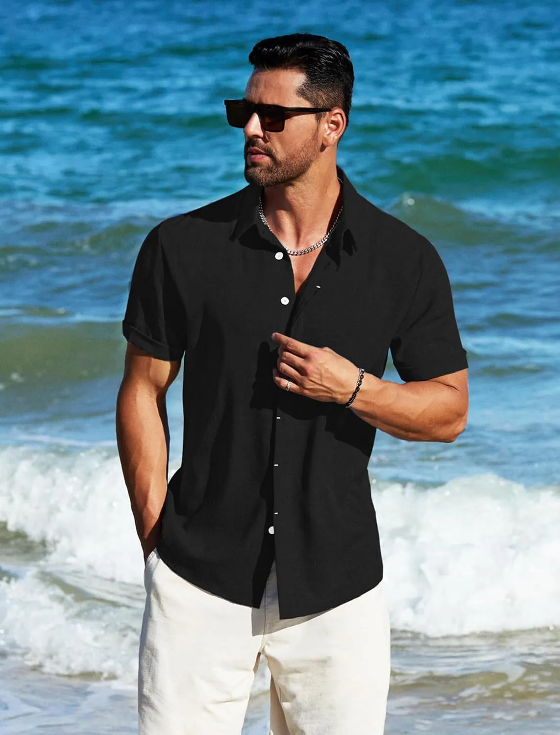 MAPICK Men's Linen Shirts Short Sleeve Button Down Casual Shirt Business Dress Clothing Beach Fashion Summer Tops