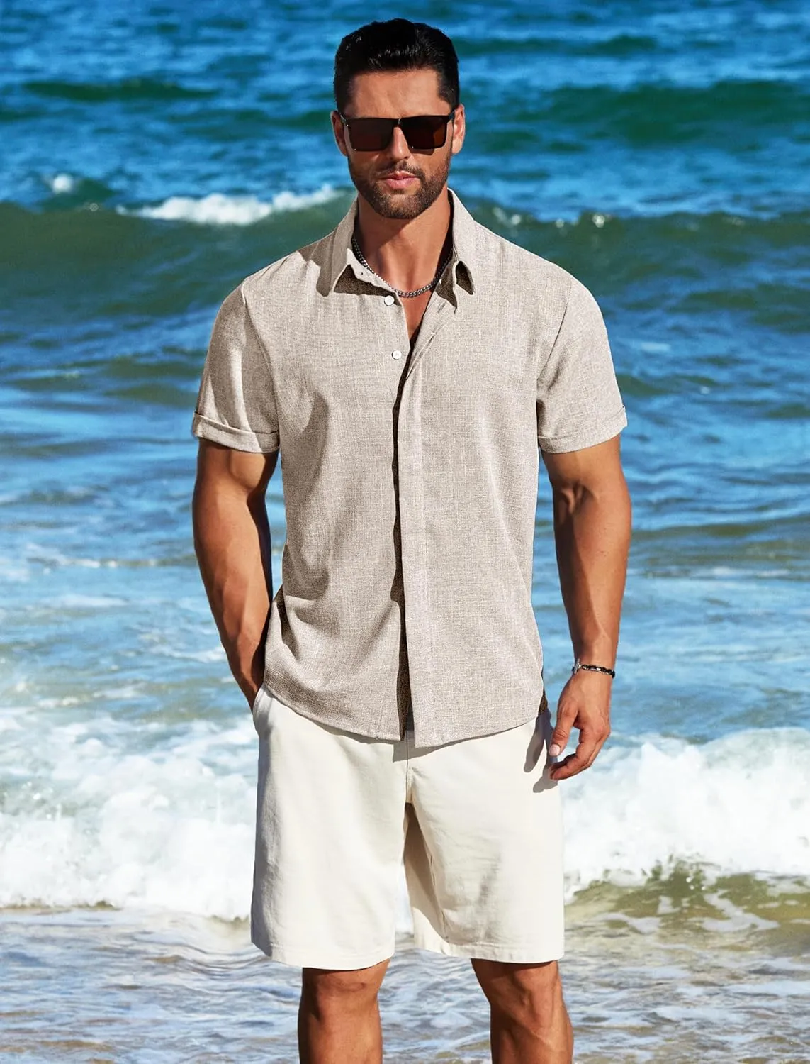 MAPICK Men's Linen Shirts Short Sleeve Button Down Casual Shirt Business Dress Clothing Beach Fashion Summer Tops