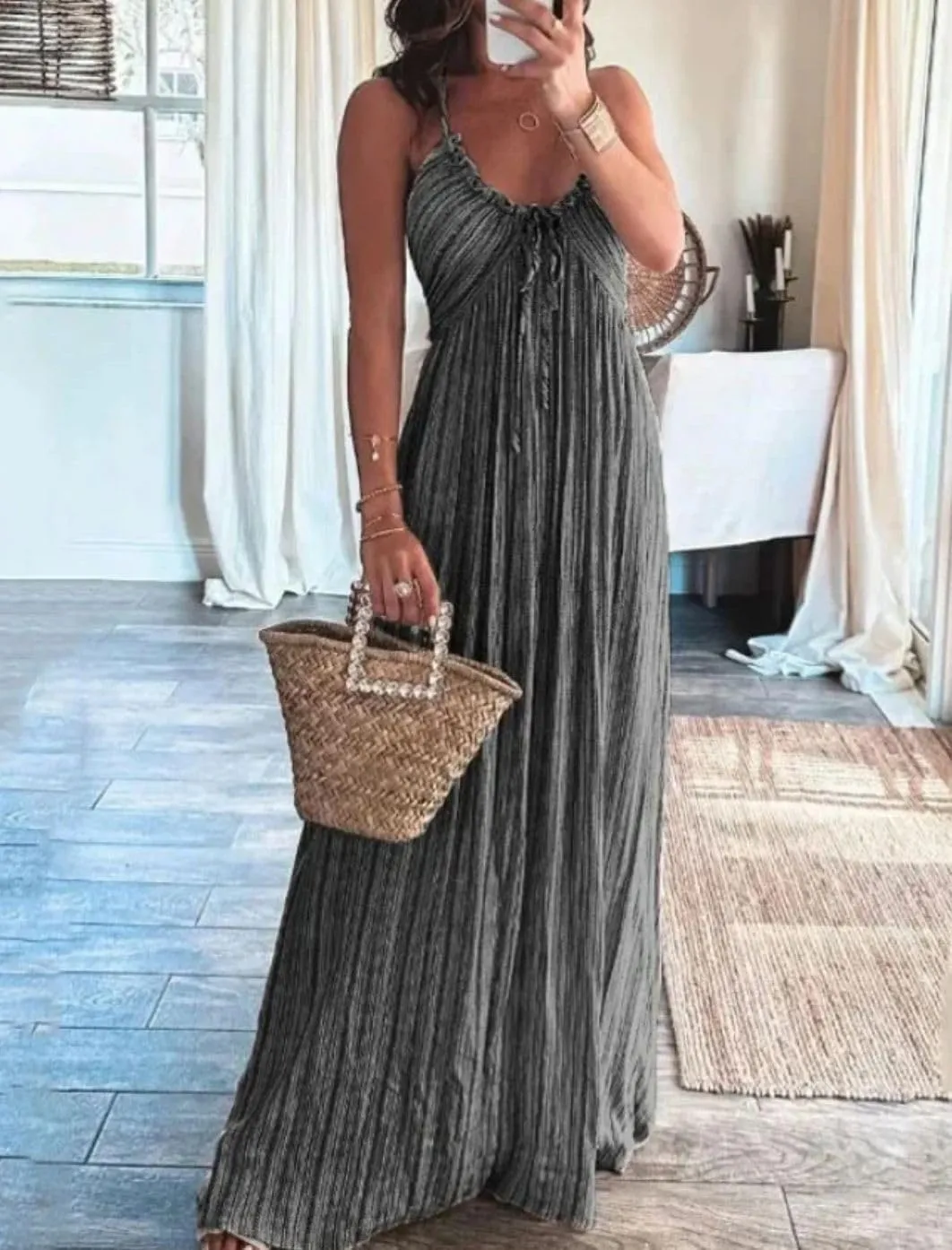 Melliflo Sexy Sleeveless Halter Dresses for Women V Neck Tie Back Maxi Dress Summer Backless Long Ruffle Sundress
