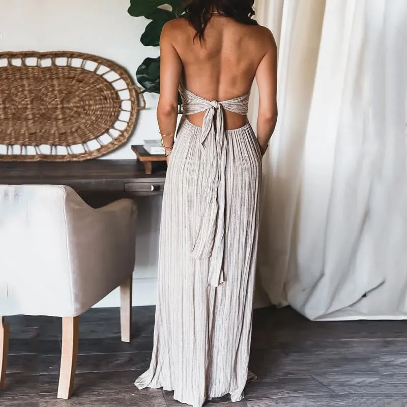 Melliflo Sexy Sleeveless Halter Dresses for Women V Neck Tie Back Maxi Dress Summer Backless Long Ruffle Sundress