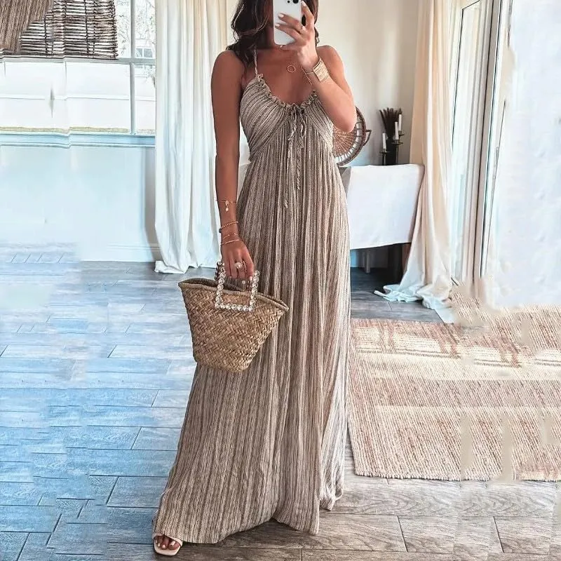 Melliflo Sexy Sleeveless Halter Dresses for Women V Neck Tie Back Maxi Dress Summer Backless Long Ruffle Sundress