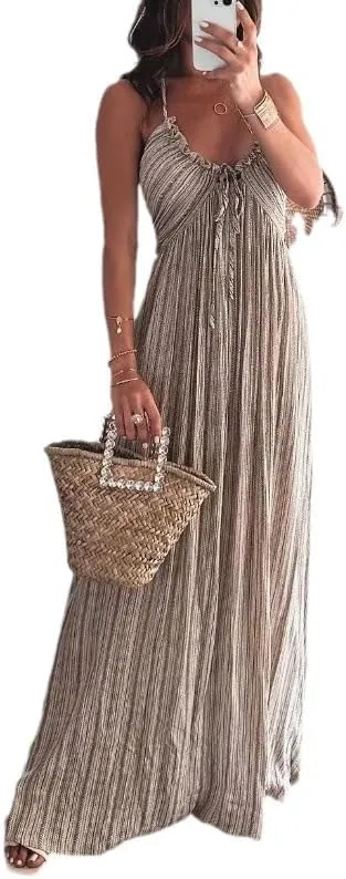 Melliflo Sexy Sleeveless Halter Dresses for Women V Neck Tie Back Maxi Dress Summer Backless Long Ruffle Sundress